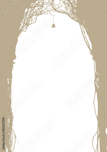 Vector frame with a realistic tree, banyan, or ficus with roots and branches in a gothic or grunge style. Space for inscription. Magical, fairytale, and mystical. Halloween party poster. No ai