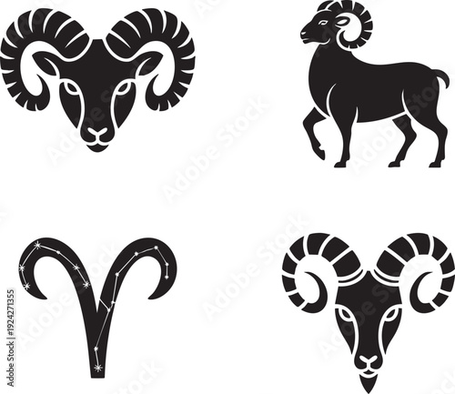 Aries zodiac sign symbols and ram illustrations, ram head, walking ram, star constellation
