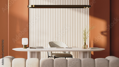 modern office interior with warm terracotta walls and soft sunlight