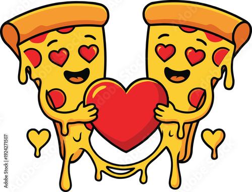 Cute pair of pizza slices embracing a bright red heart, their eyes shaped like hearts, with melted cheese and small hearts flowing, representing the ultimate "pizza love", vector graphic Isolated png 