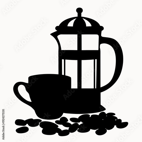 Modern coffee setup with French press and cup on a rustic wooden table