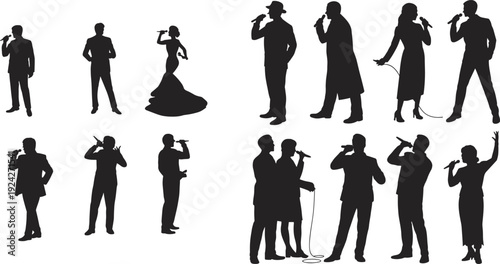 Singers, silhouettes, microphone, performance, music, concert, vocalist, stage, band, show, entertainment, artist, talent, karaoke, live, illustration, vector, isolated, set, collection