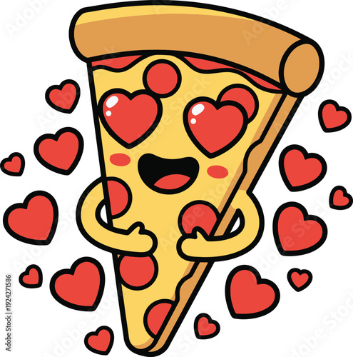 Enamored pizza slice character with heart-shaped eyes, embracing itself and surrounded by a cascade of red hearts, expressing intense love for pizza, vibrant vector graphic Isolated png illustration, 