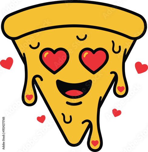 Expressive pizza slice character with heart eyes and dripping cheese, surrounded by floating hearts, vector. Isolated png illustration, transparent background