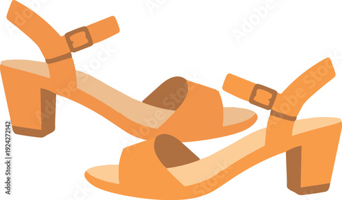 A pair of orange Mary Jane style heels with ankle straps and chunky block heels is illustrated in a flat design against