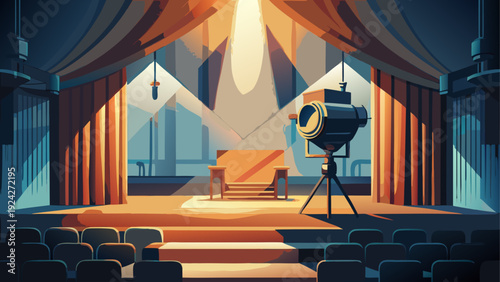 Very beautiful vintage theatre spotlight shining through gentle smoke against dark curtain backdrop evoking nostalgic cinema ambiance and timeless stage performance elegance.
