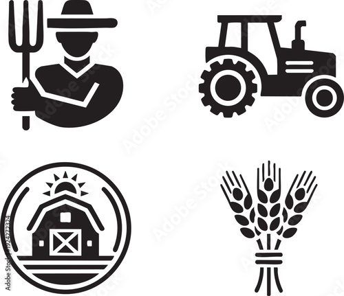 Agriculture icons collection with farmer profile tractor machinery barn building and wheat stalks art
