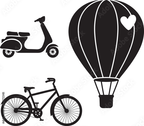 Transportation Icons: Scooter, Bicycle, and Hot Air Balloon with Heart - Travel and Freedom Concept