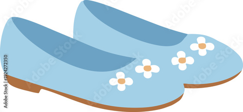 A pair of light blue slip-on flats decorated with small white flowers is illustrated in a simple flat design against