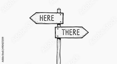 A minimalist vector graphic illustration of a signpost with two directional signs pointing to here and there