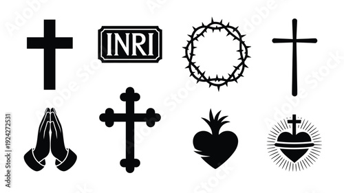 Collection of 8 black silhouette christian symbols and icons including crosses praying hands heart and crown of thorns on white background for design and faith concepts