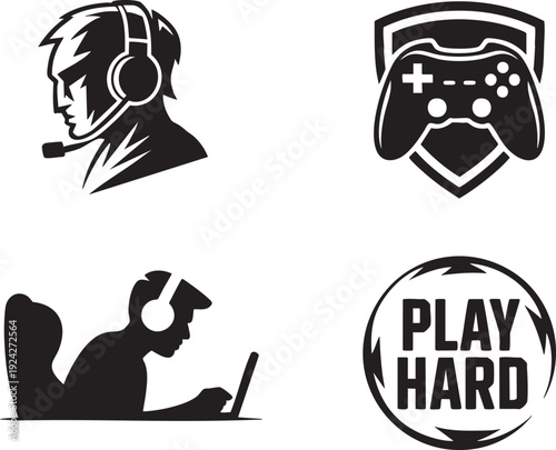Gamer profile silhouette with headset and microphone playing laptop and gaming controller logo