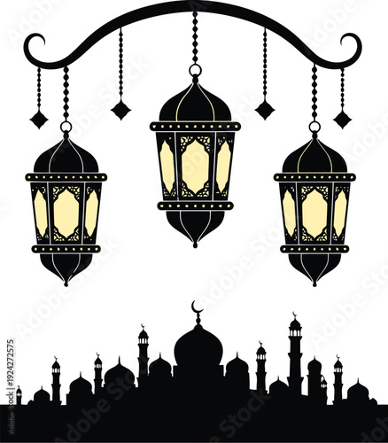 Elegant lanterns hanging above a silhouette of an arabian cityscape under the night sky