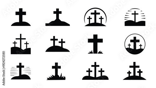 Collection of minimalist black cross grave icons on white background for design and decoration