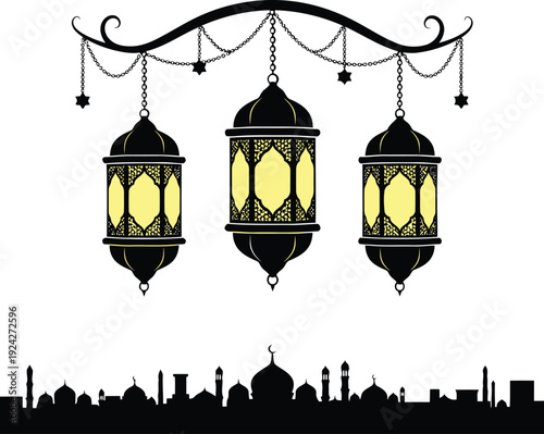 Elegant lanterns hanging over a silhouette of an oriental city skyline at dusk