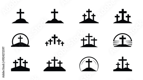 Collection of minimalist cross symbols and cemetery icons in black silhouette on white background for design and decoration
