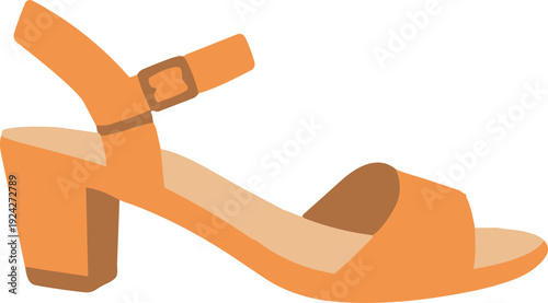 An orange high-heeled sandal with an ankle strap and chunky heel is illustrated in a simple flat design against
