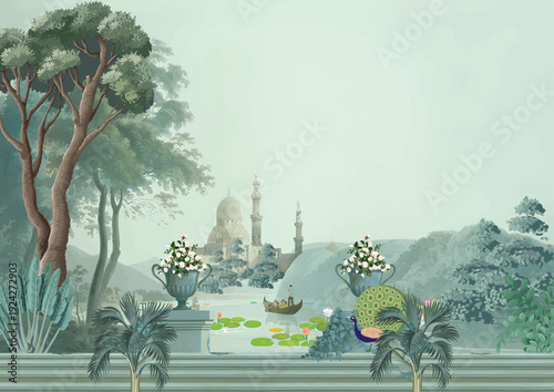 Vintage classical Greek garden with lake, peacock, temple, dome, stair illustration for wallpaper for wallpaper.