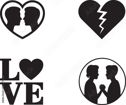 Love and relationship icons, showing couples, broken heart, and word art, symbolizing affection