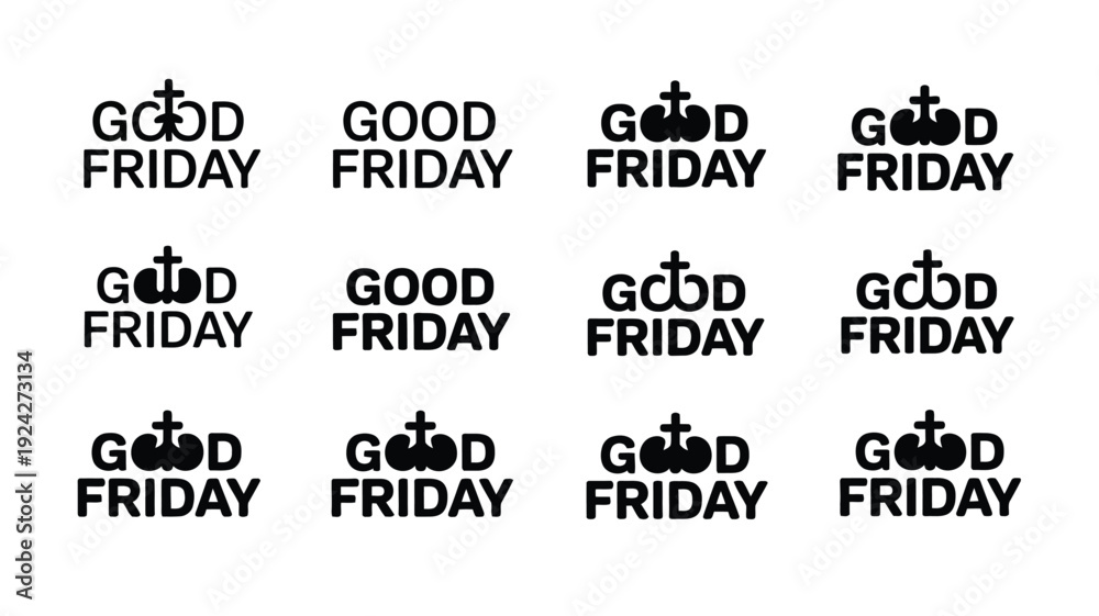 Fototapeta premium Good friday logo and silhouette pack with crown of thorns and cross on white background for easter and christianity designs