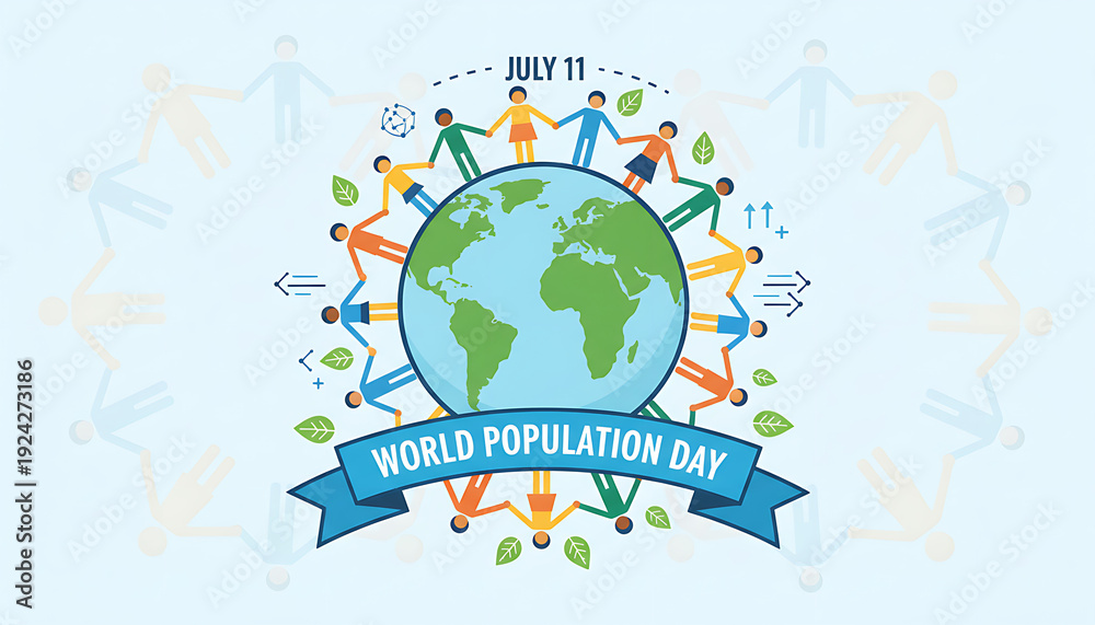 Naklejka premium World Population Day Illustration with Diverse People Holding Hands Around the Globe, July 11 Concept