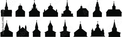 Church, silhouettes, buildings, cathedral, chapel, religion, christian, architecture, cross, worship, temple, skyline, historic, sacred, monument, illustration, vector, isolated, set, collection