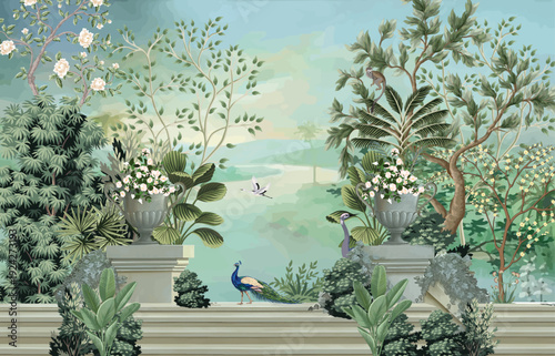 Vintage classical Greek garden with peacock, temple, dome, stair illustration for wallpaper for wallpaper.