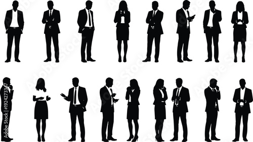Black silhouette illustration of sixteen business-attired people in diverse professional poses symbolizing corporate identity, communication, and representation themes