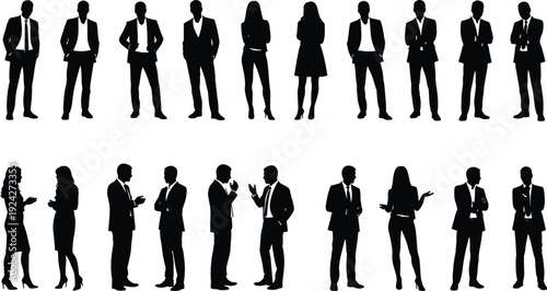 Black silhouette illustration of business professionals in individual and group interaction poses symbolizing corporate attire, communication, and workplace dynamics