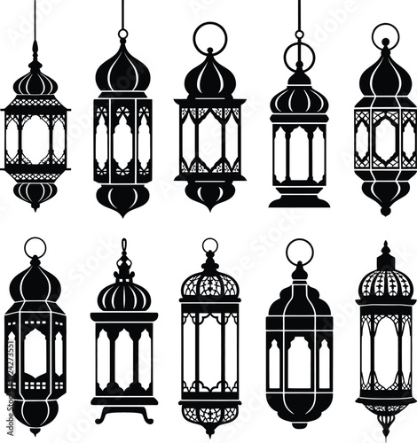 Elegant collection of traditional islamic lantern designs in black and white silhouette