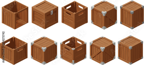 Isometric Wooden Crate Collection Featuring Ten Unique Storage Box Designs with Slatted Panels, Reinforced Corners, Handle Cutouts, and Rustic Packaging Style