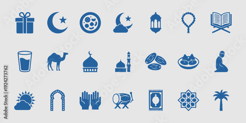 Comprehensive Ramadan vector icon bundle featuring traditional Islamic holiday symbols for Muslim religious celebration graphic design web application UI projects