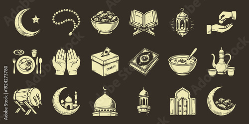Decorative Ramadan vector icon bundle containing traditional Islamic holiday symbols for professional Muslim religious celebration graphic design web application layouts