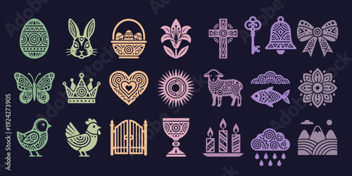 Decorative Easter folk art vector icon bundle containing traditional spring holiday and religious celebration symbols for professional graphic design layouts
