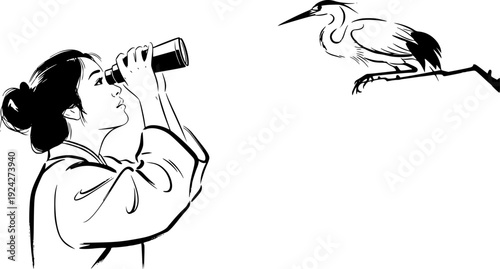 Elegant sumi-e illustration of a woman birdwatching, capturing a
