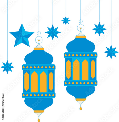 Elegant blue lanterns hanging with festive star decorations against a light background