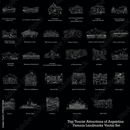 Top Tourist Attractions in Argentina, Iconic Travel Landmarks Vector Set.