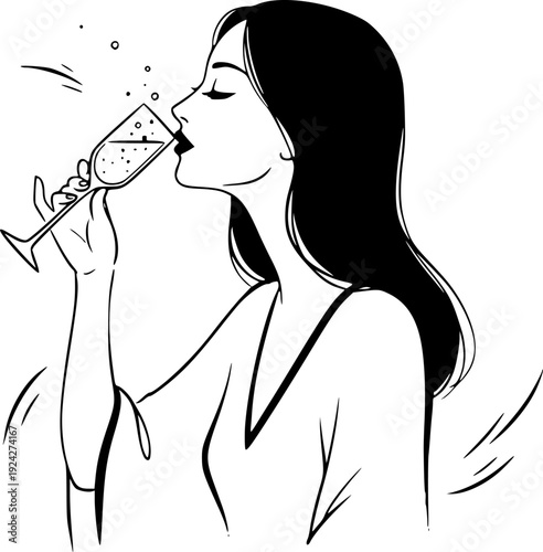 Elegant Sumi-e Illustration: Woman Enjoying Sparkling Beverage i
