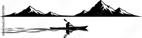 Serene kayaking adventure in sumi-e style minimalist black and w
