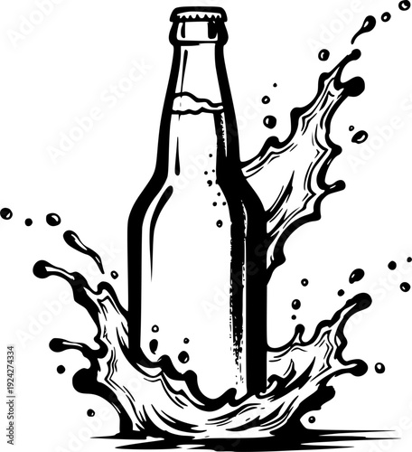 Minimalist Sumi-e style illustration of a beer bottle with splas
