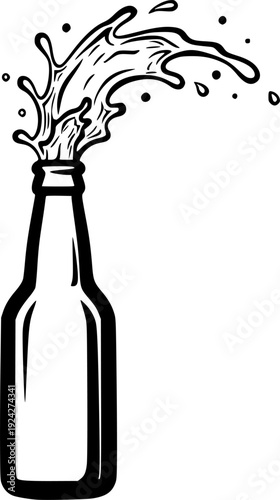 Minimalist Sumi-e style illustration of a beer bottle with splas

