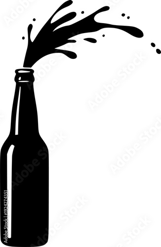 Minimalist Sumi-e style illustration of a beer bottle with splas
