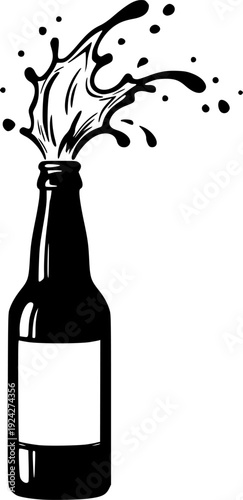 Minimalist Sumi-e style illustration of a beer bottle with splas
