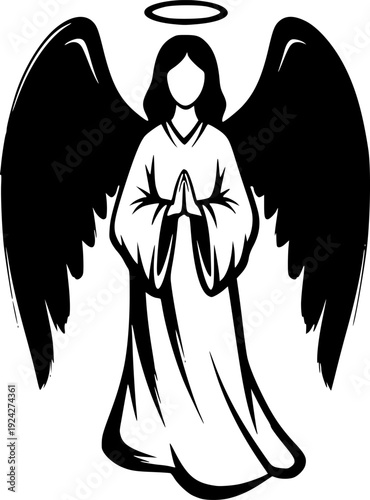 Monochrome guardian angel illustration in bold brushstroke sumi-
