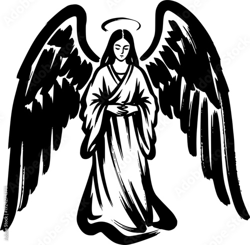 Monochrome guardian angel illustration in bold brushstroke sumi-
