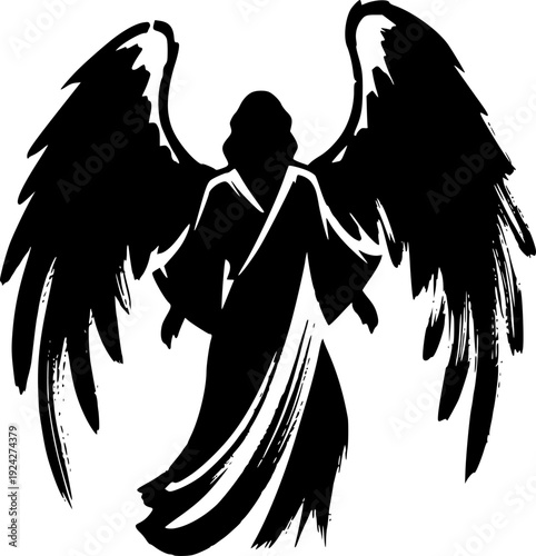 Monochrome guardian angel illustration in bold brushstroke sumi-
