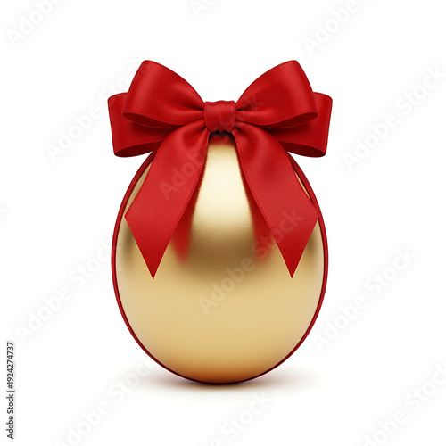 Golden christmas ball with red bow on white background