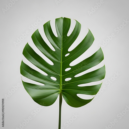 Single green monstera deliciosa leaf on gray background