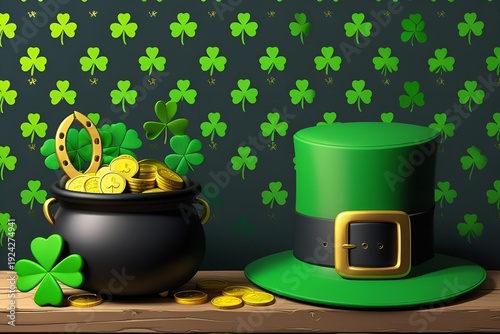 Festive St. Patrick's Day still life with green leprechaun hat and overflowing pot of gold coins. Lucky Irish symbols, shamrock accents, March 17 celebration, golden treasure theme, holiday decor