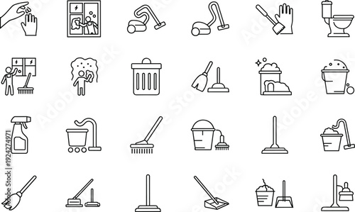 Cleaning service icon set featuring vacuum cleaners, mops, brooms, trash cans, toilet cleaning, window washing, soap, buckets, spray bottles, and sanitation.